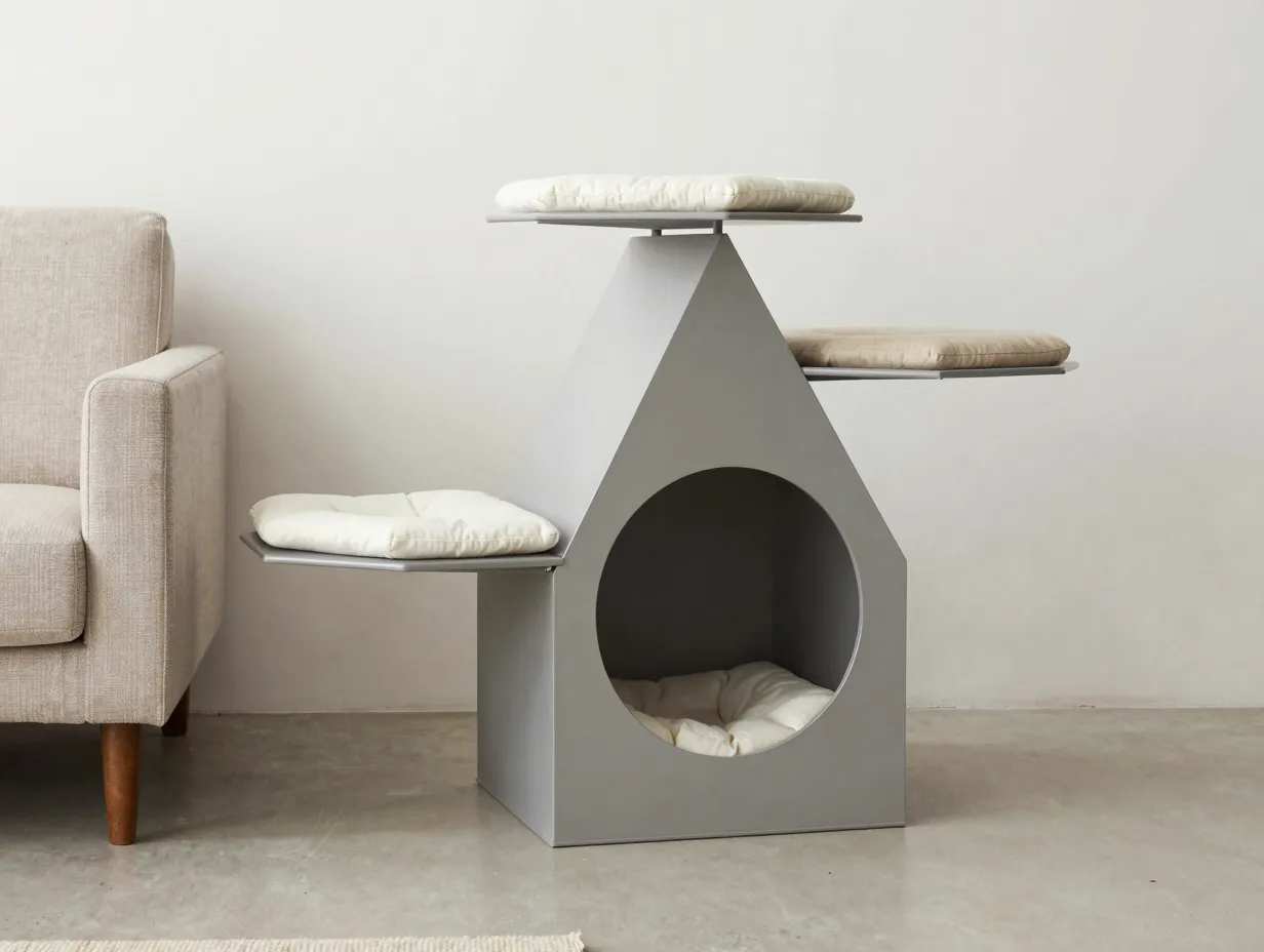 Geometric minimalist cat condo with hexagonal platforms and metal frame