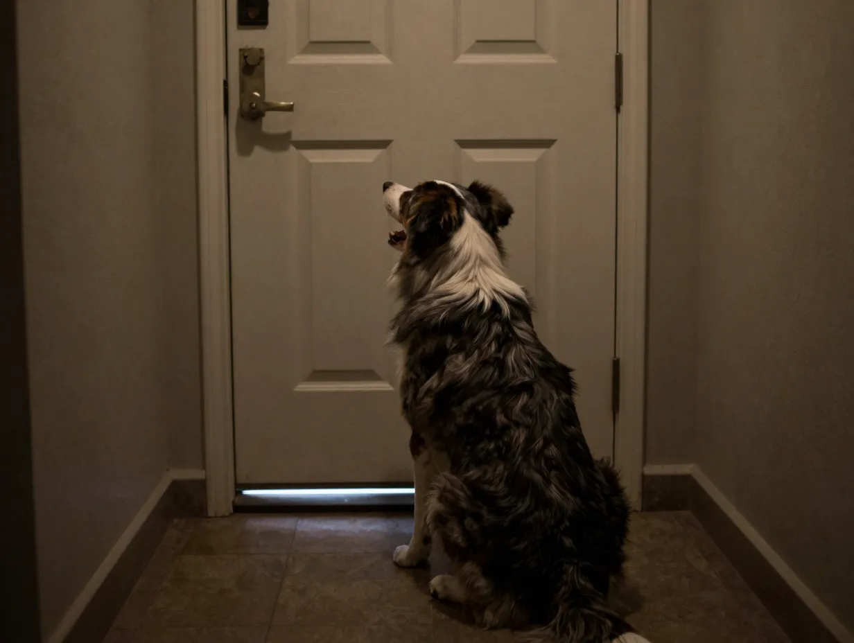 Anxious aussiedor dog whining at a closed front door alone
