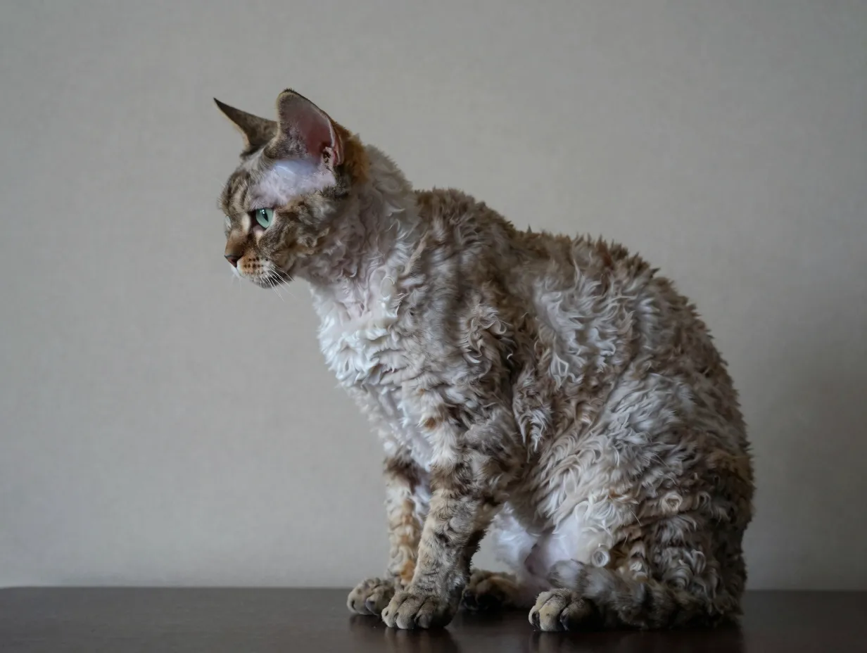 Devon rex cat sitting favoring one hind leg patellar luxation sign discomfort