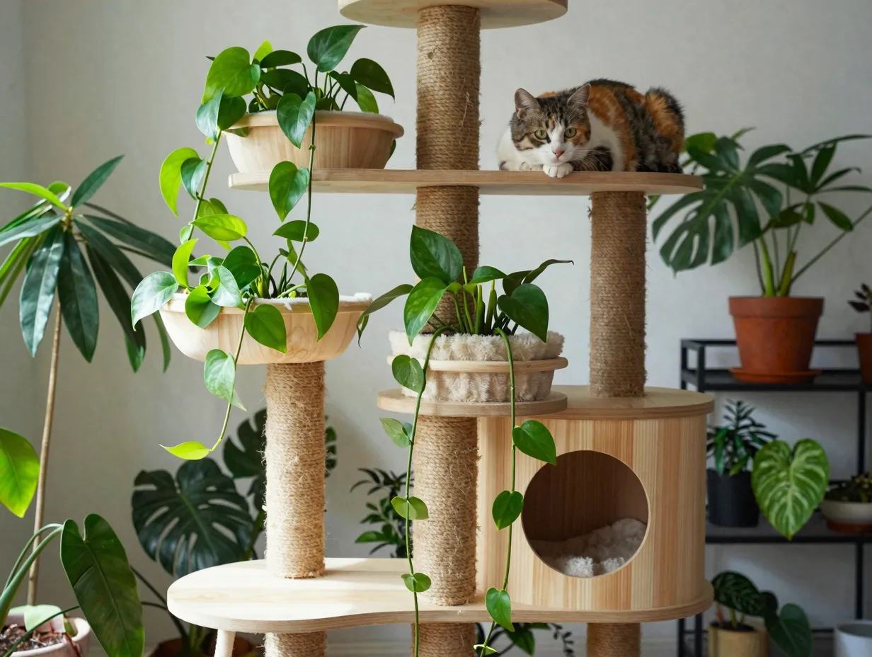Plant stand hybrid cat tree with integrated planters and sisal posts