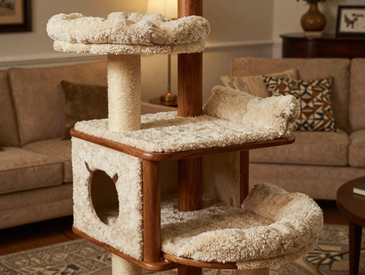Luxury upholstered cat lounge tower with boucle fabric and rich wood