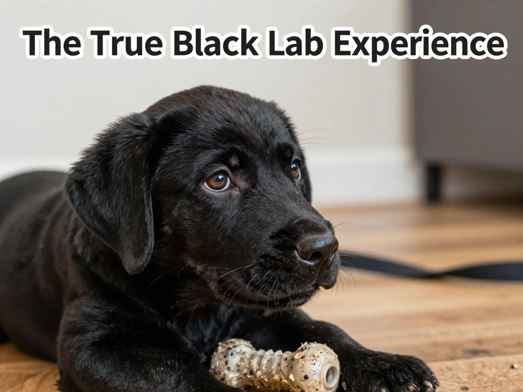 Black lab puppy close up wet nose muddy paws chew toy