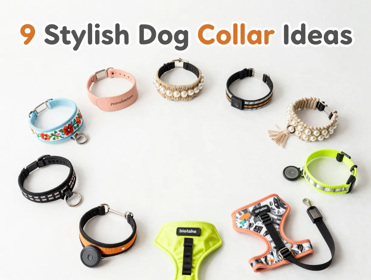 Nine stylish dog collar ideas flat lay circle composition