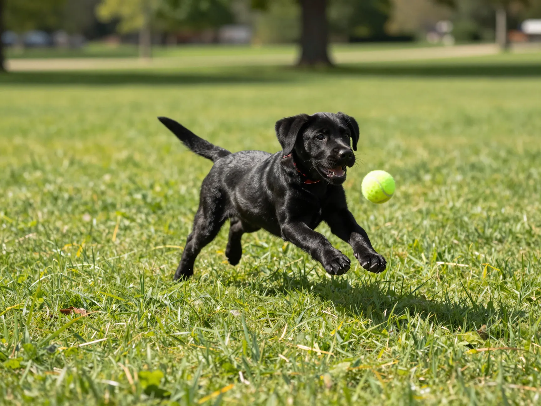 Black labrador puppy leaping after tennis ball in lush green park field