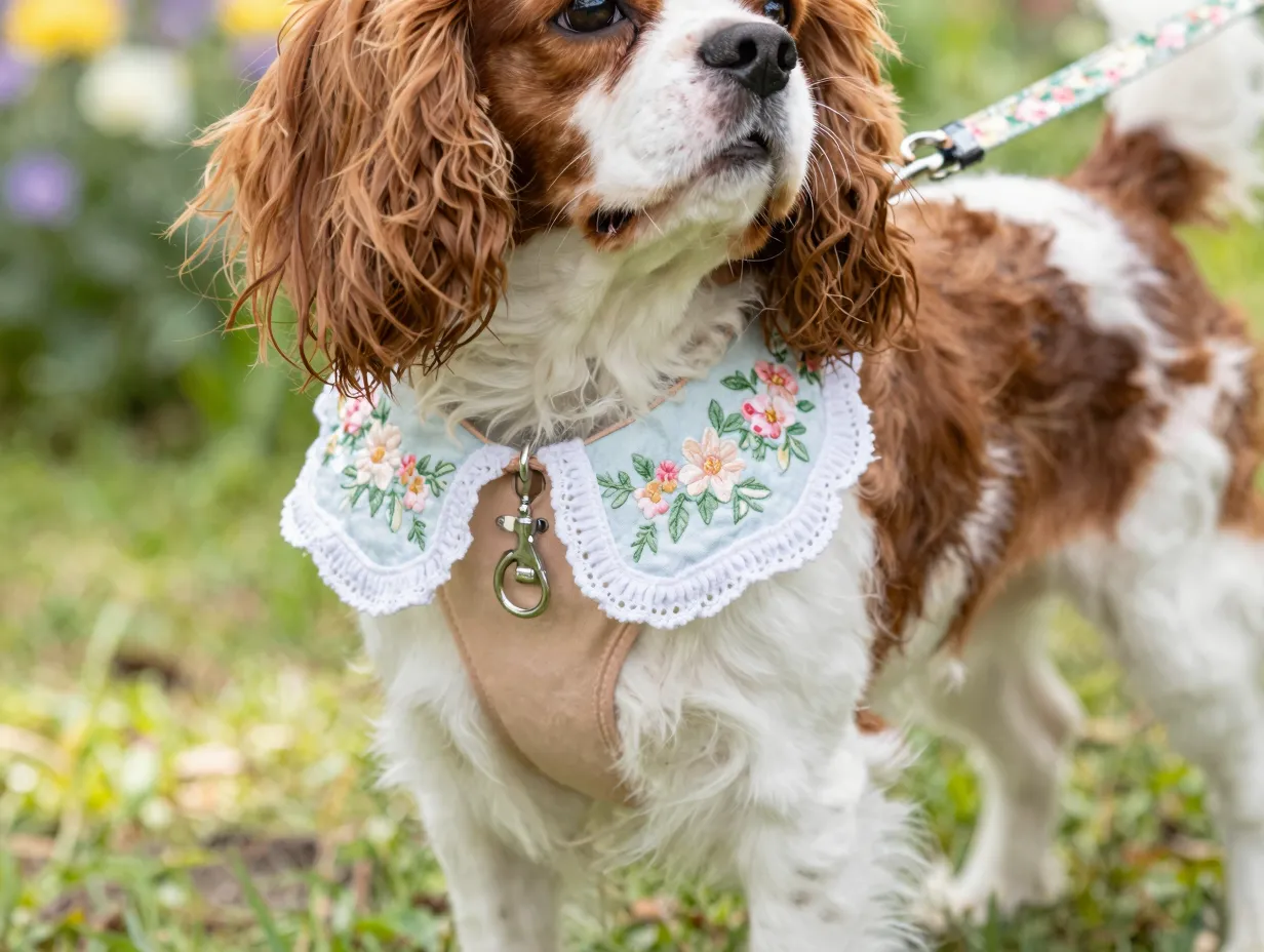 Delicate floral embroidered collar on cavalier in garden