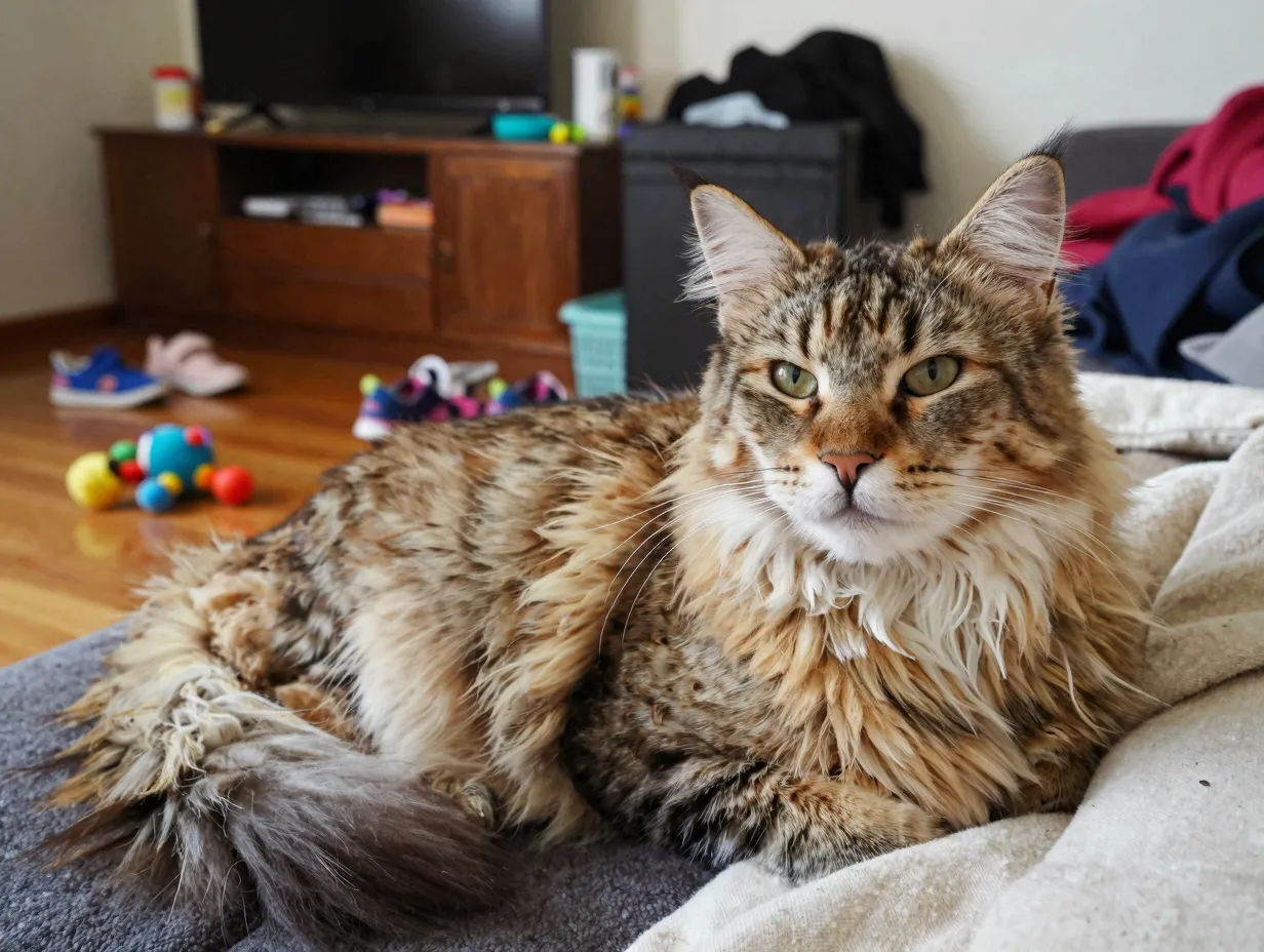 Majestic norwegian forest cat lounges calmly in noisy family living room