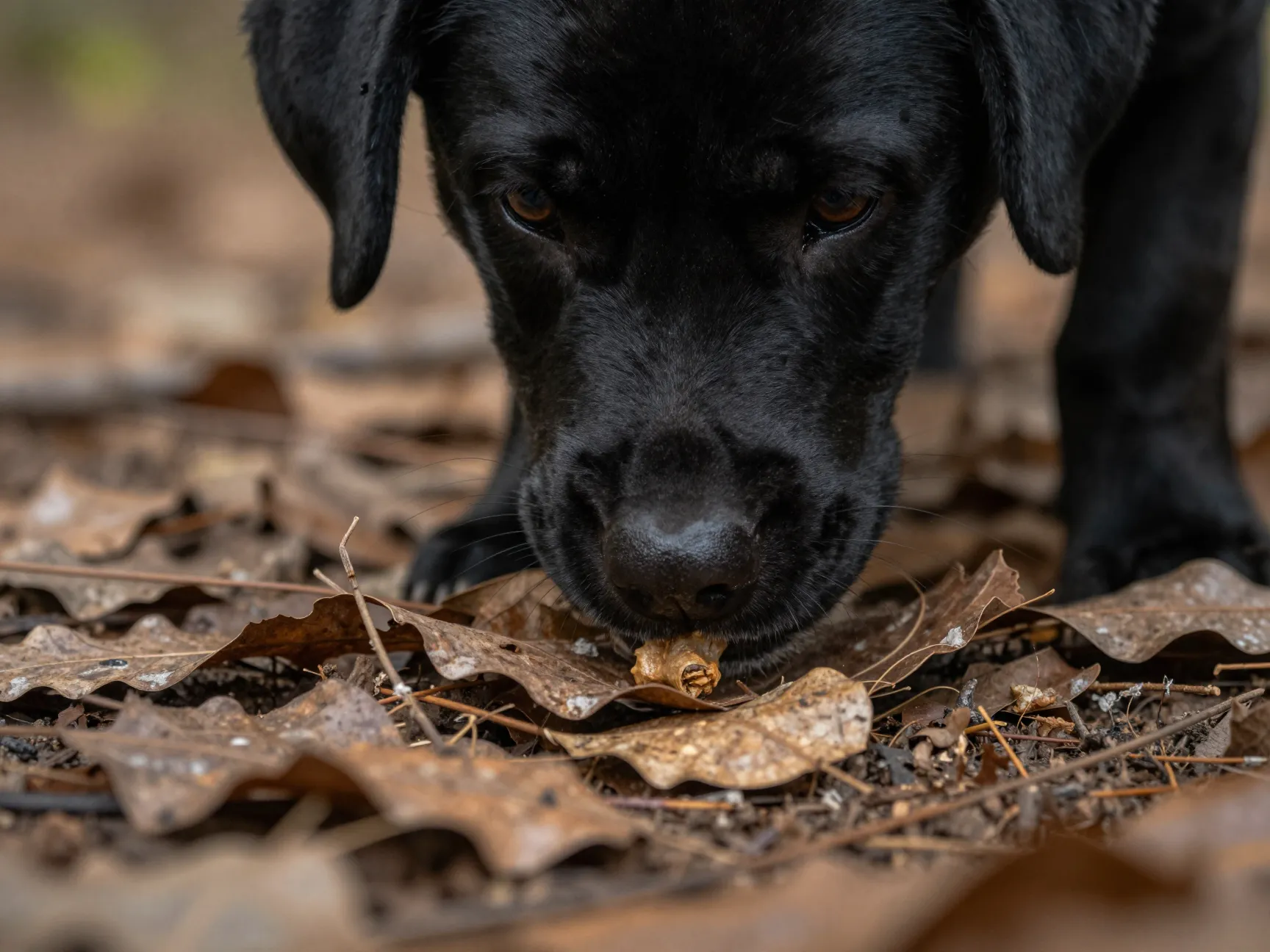 Black labrador puppy intensely sniffing hidden treat beneath brown leaves