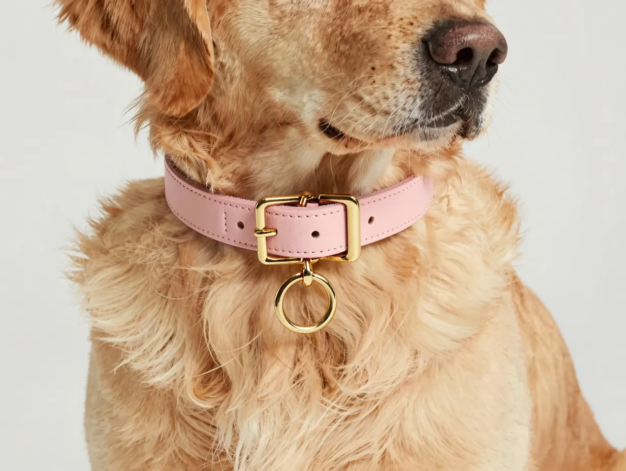 Soft pastel leather collar gold hardware on golden retriever