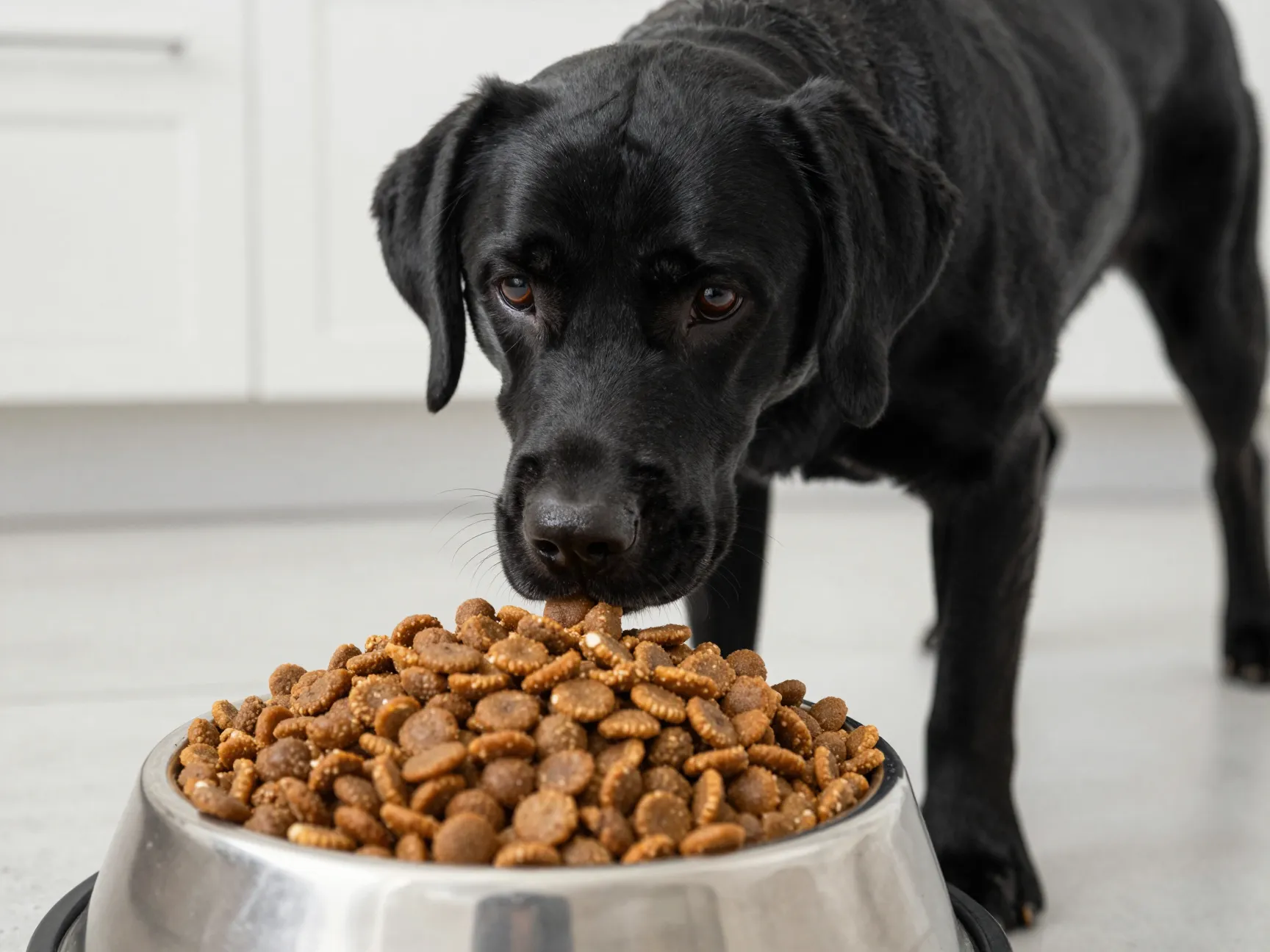 Adult black labrador eagerly staring at bowl overflowing with kibble
