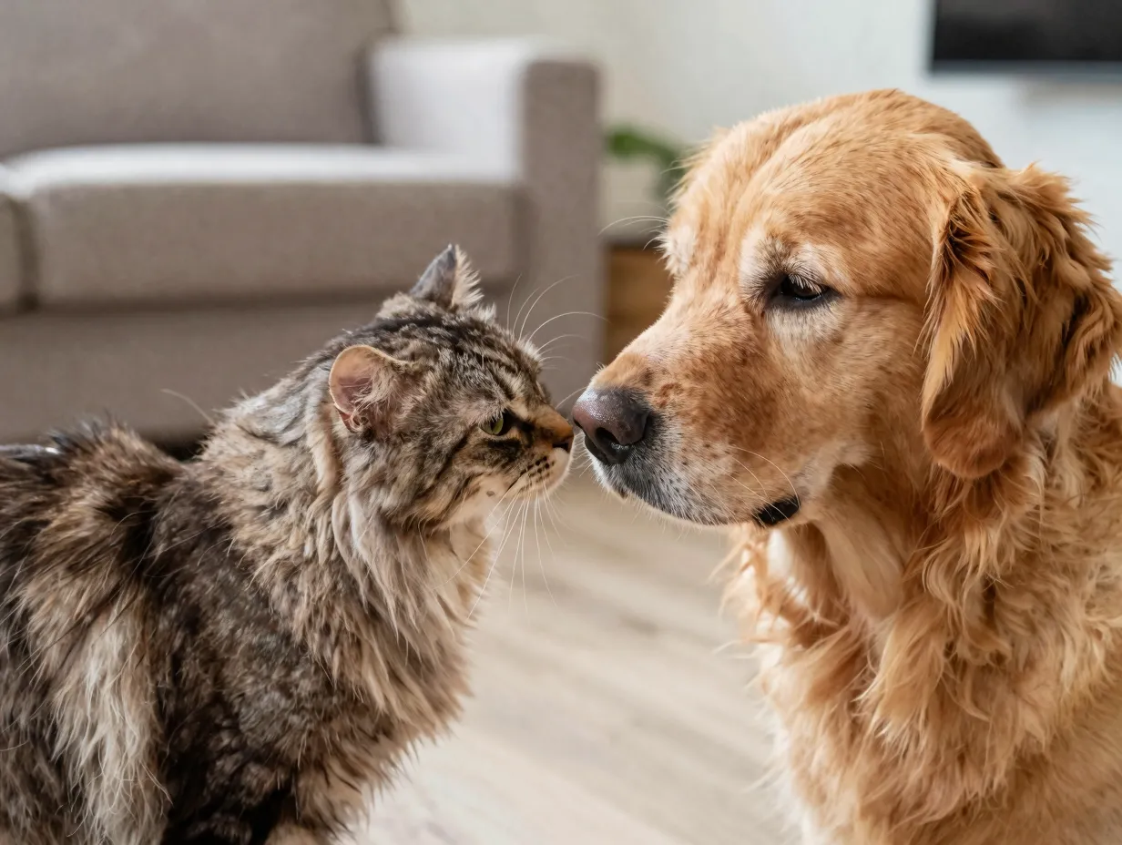Friendly norwegian forest cat sniffing noses with calm golden retriever