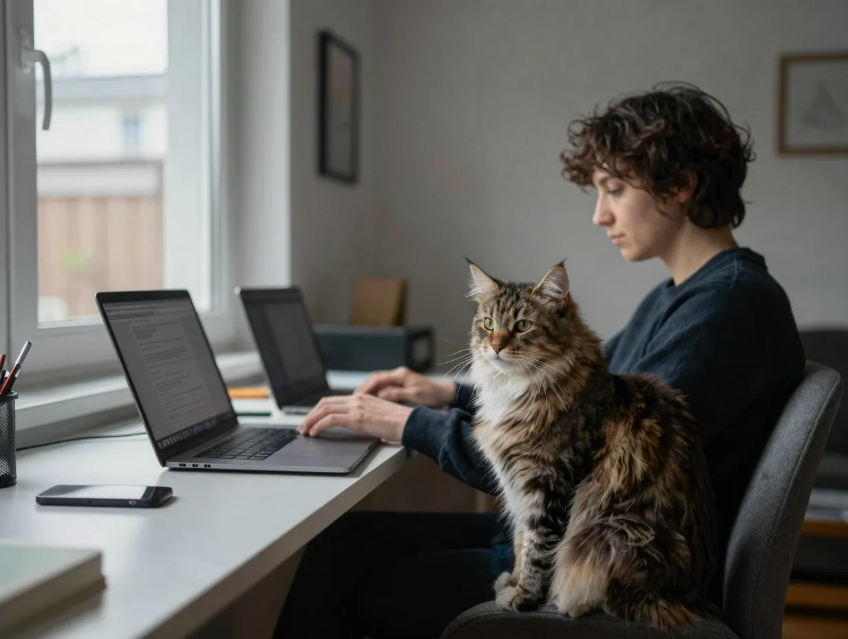 Affectionate norwegian forest cat sitting near person working on laptop