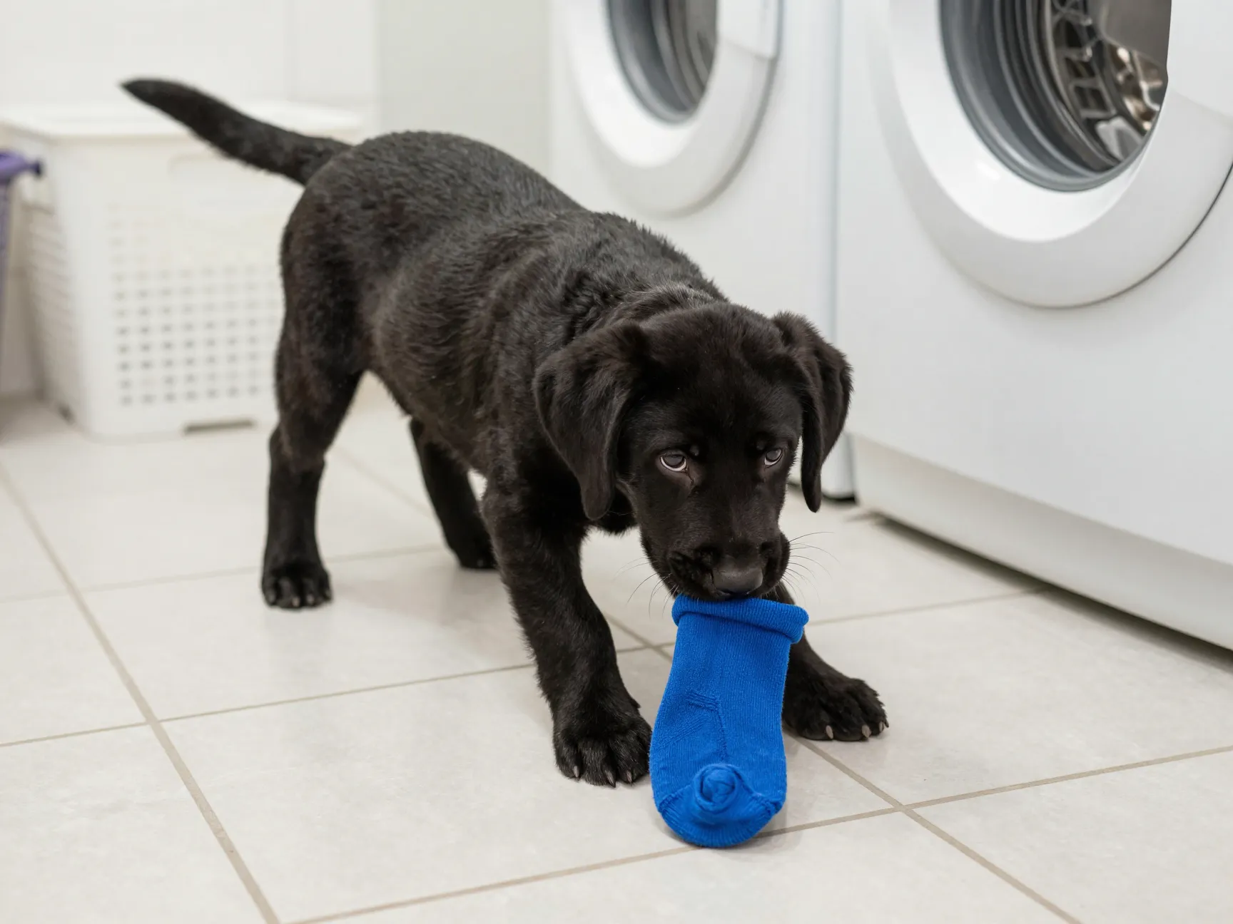 Black labrador puppy chewing a blue sock on a tiled laundry room floor