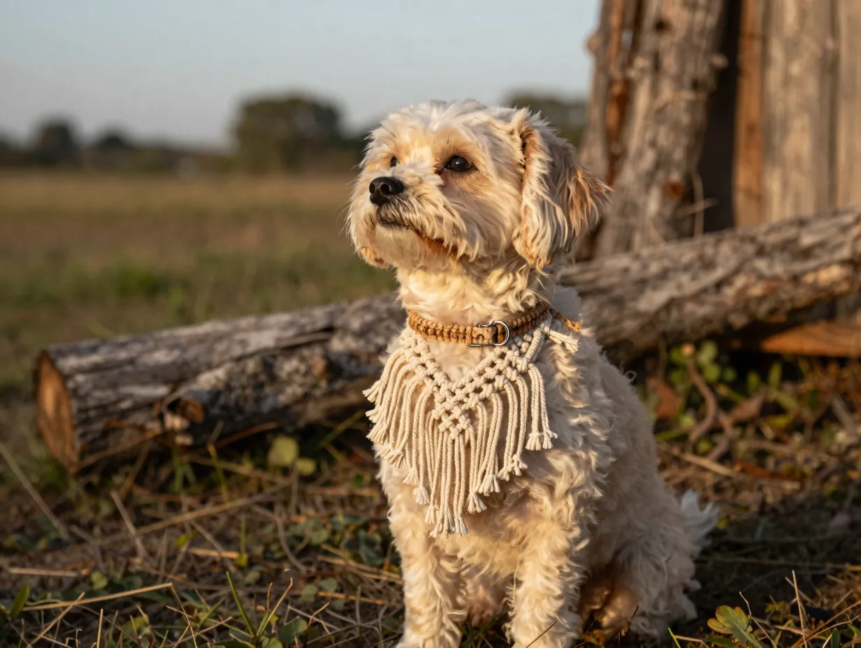 Boho macrame collar on light colored small dog outdoors