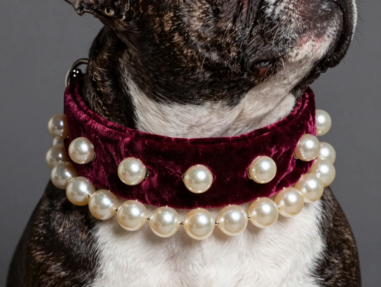 Pearl studded velvet collar on a french bulldog