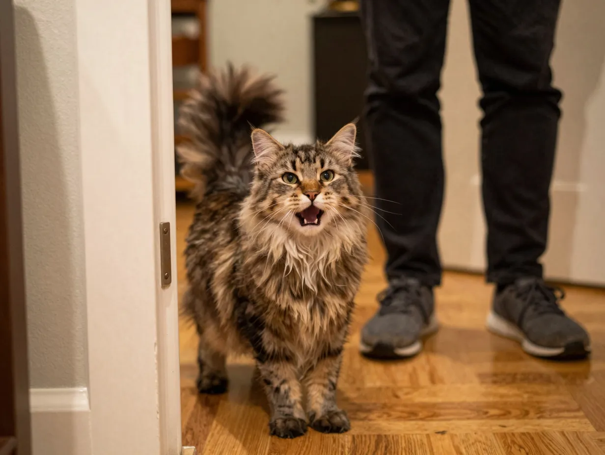 Social norwegian forest cat chirping at visiting guest in doorway
