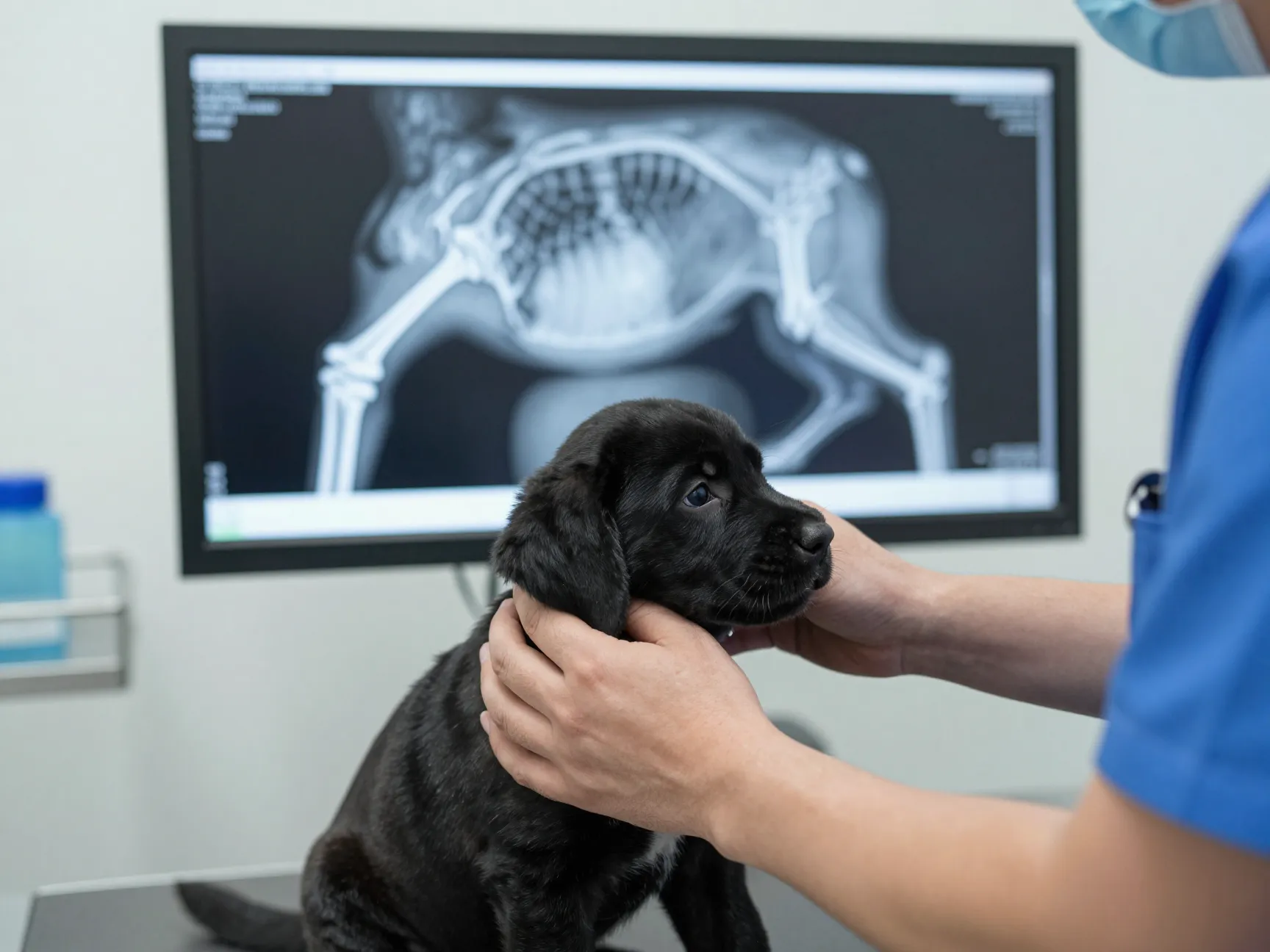 Veterinarian examining black labrador puppy hip on a clinical x ray screen