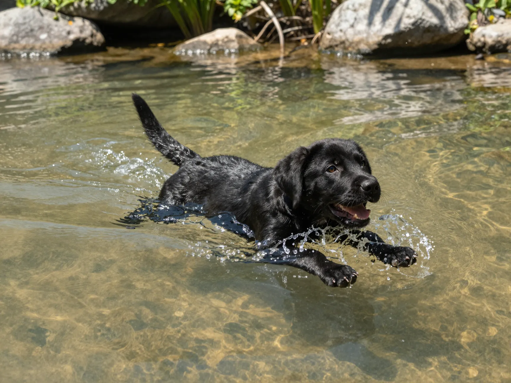 Black labrador puppy swimming in a clear pond with webbed paws visible