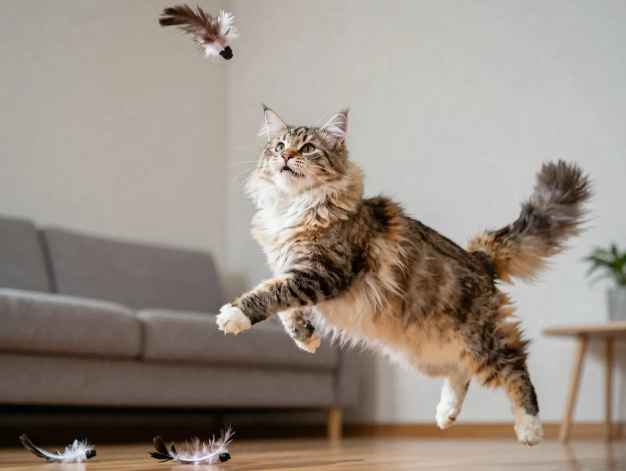 Playful norwegian forest cat leaping acrobatically after feather toy