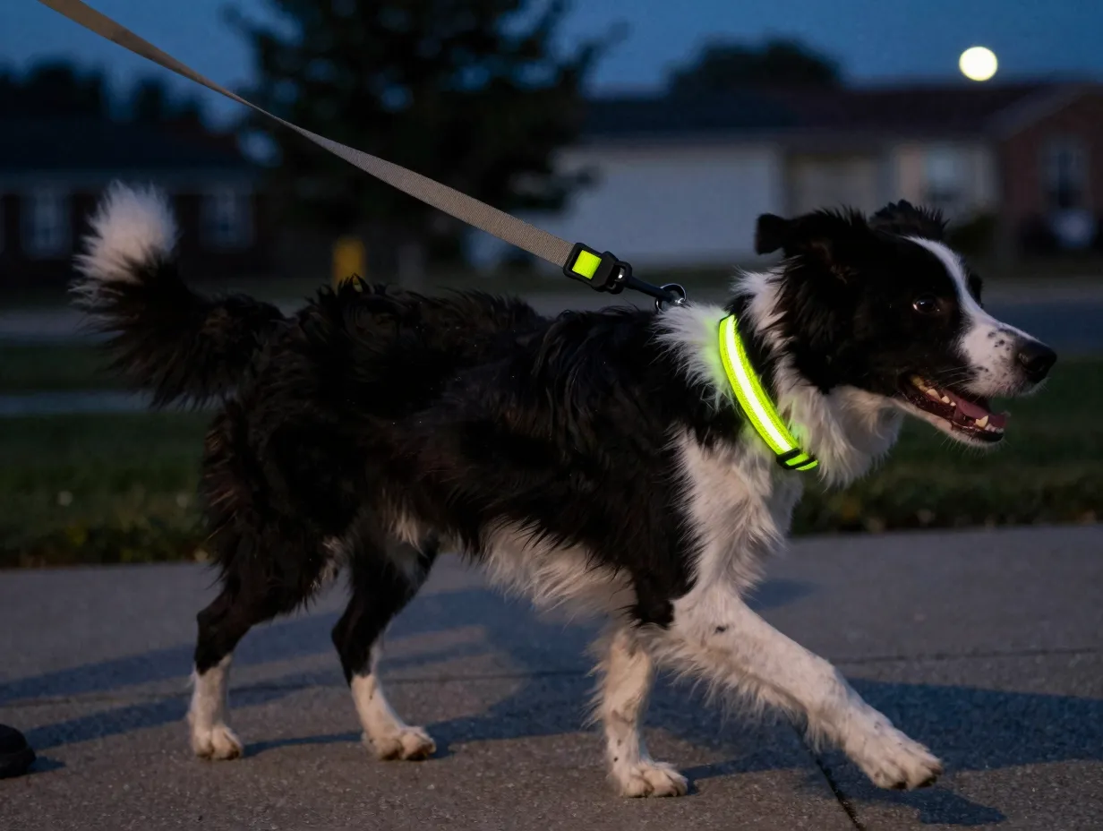 Reflective neon safety collar on dog during evening walk