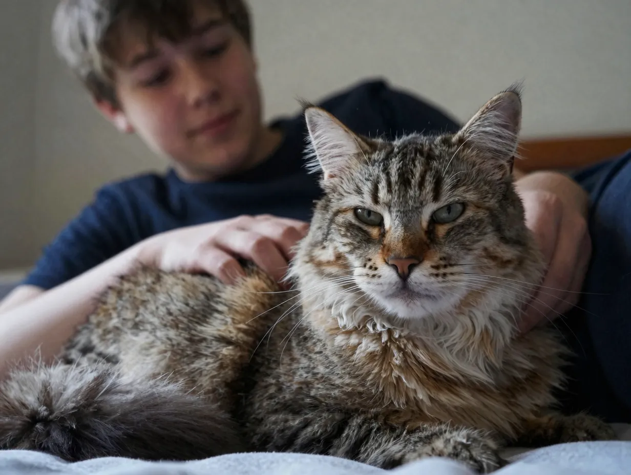 Elderly norwegian forest cat resting peacefully with teenage companion