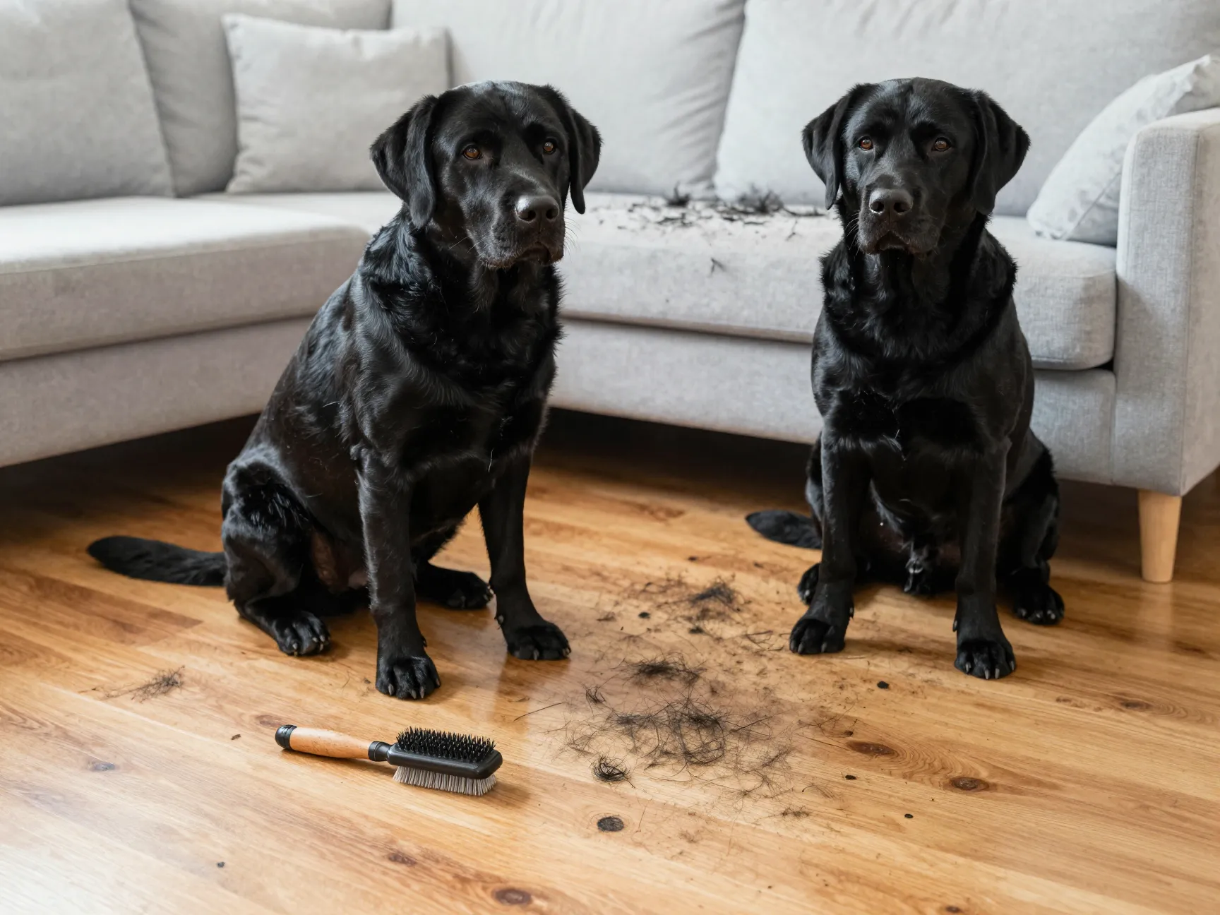 Glossy black labrador fur covering a light grey sofa and hardwood floor