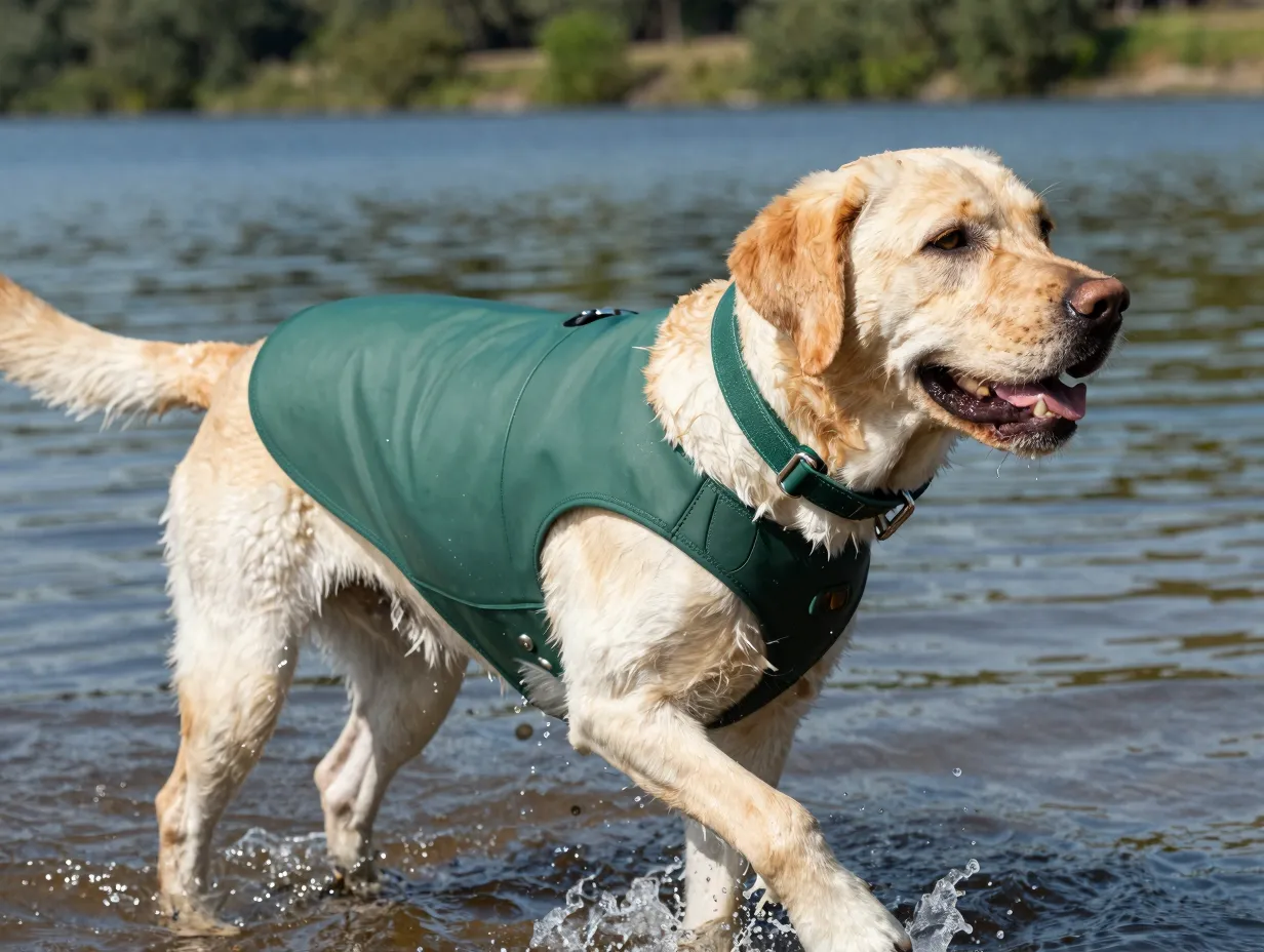 Water friendly biothane collar on labrador by lake