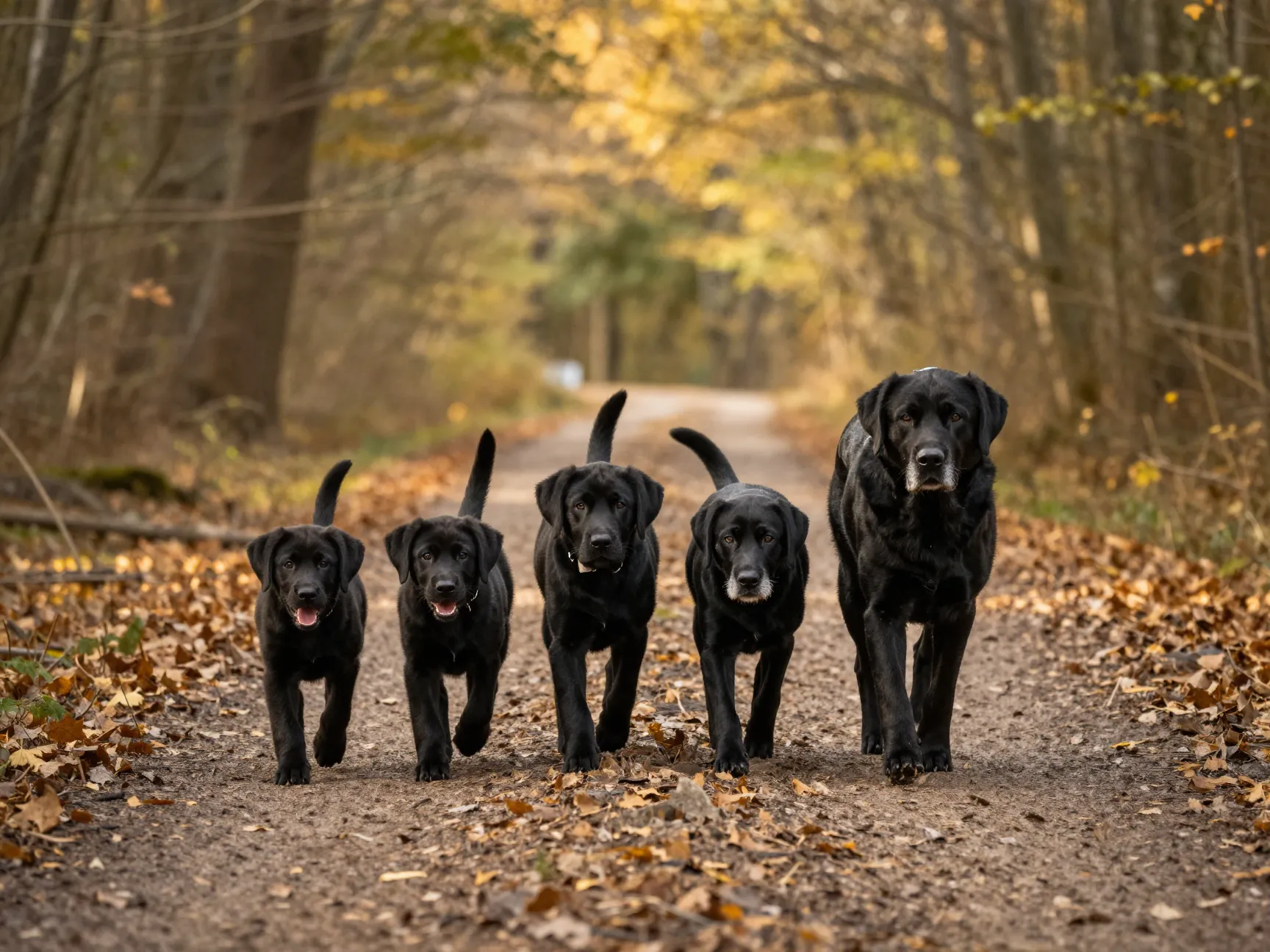 Black labrador puppy and senior dog walking together on a forest path