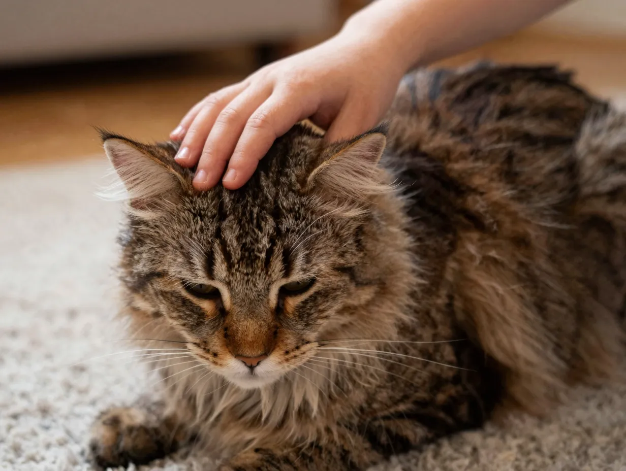 Tolerant norwegian forest cat being gently stroked by young child
