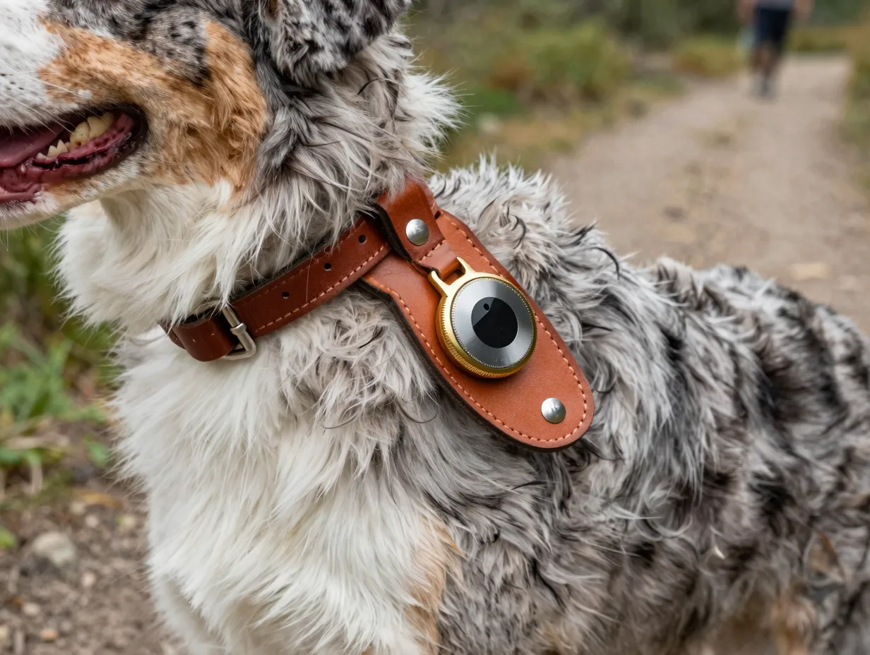 Tech forward airtag collar with leather holder hiking