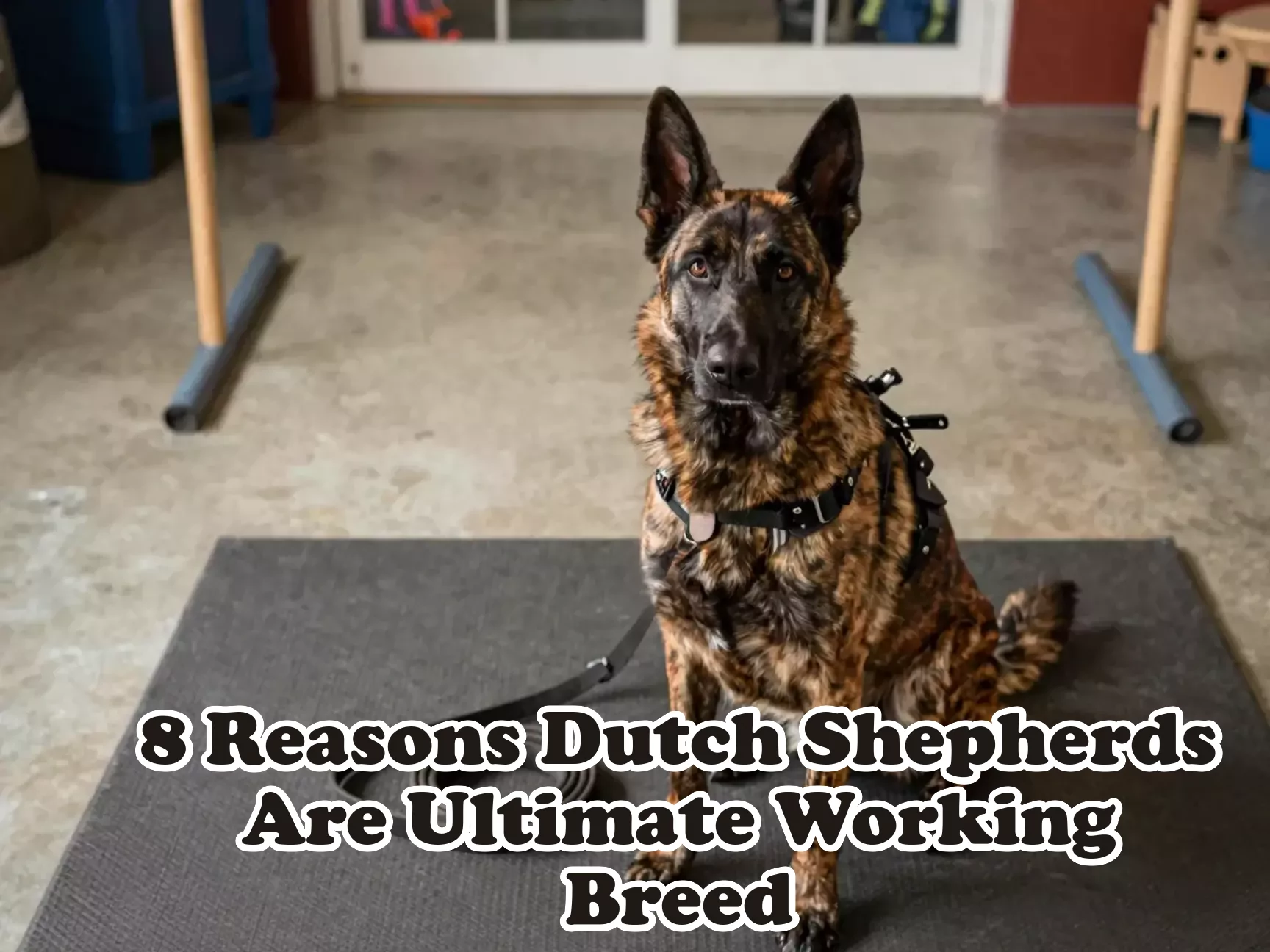 Brindle dutch shepherd harness leash agility poles home background working dog main