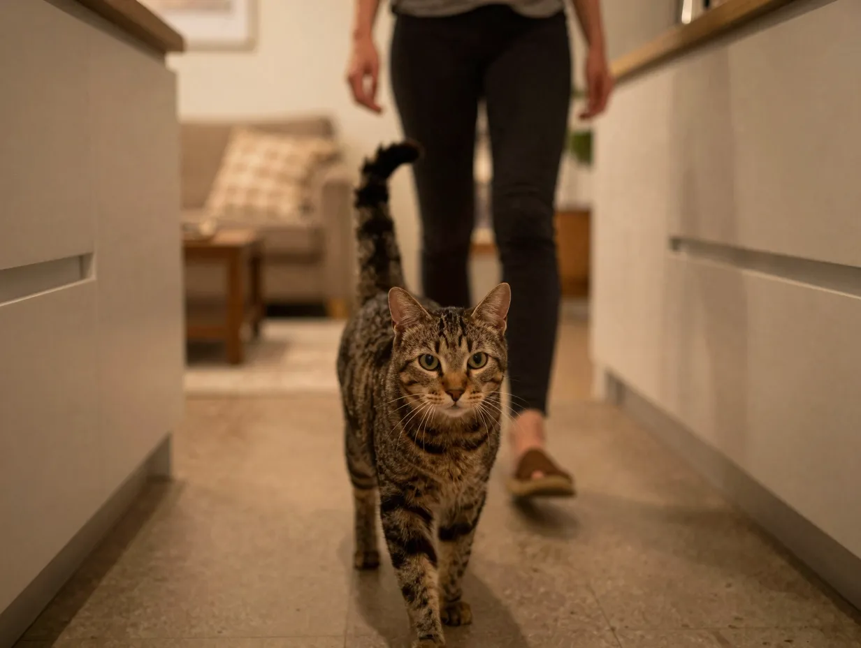Affectionate tabby cat following owner from kitchen to living room