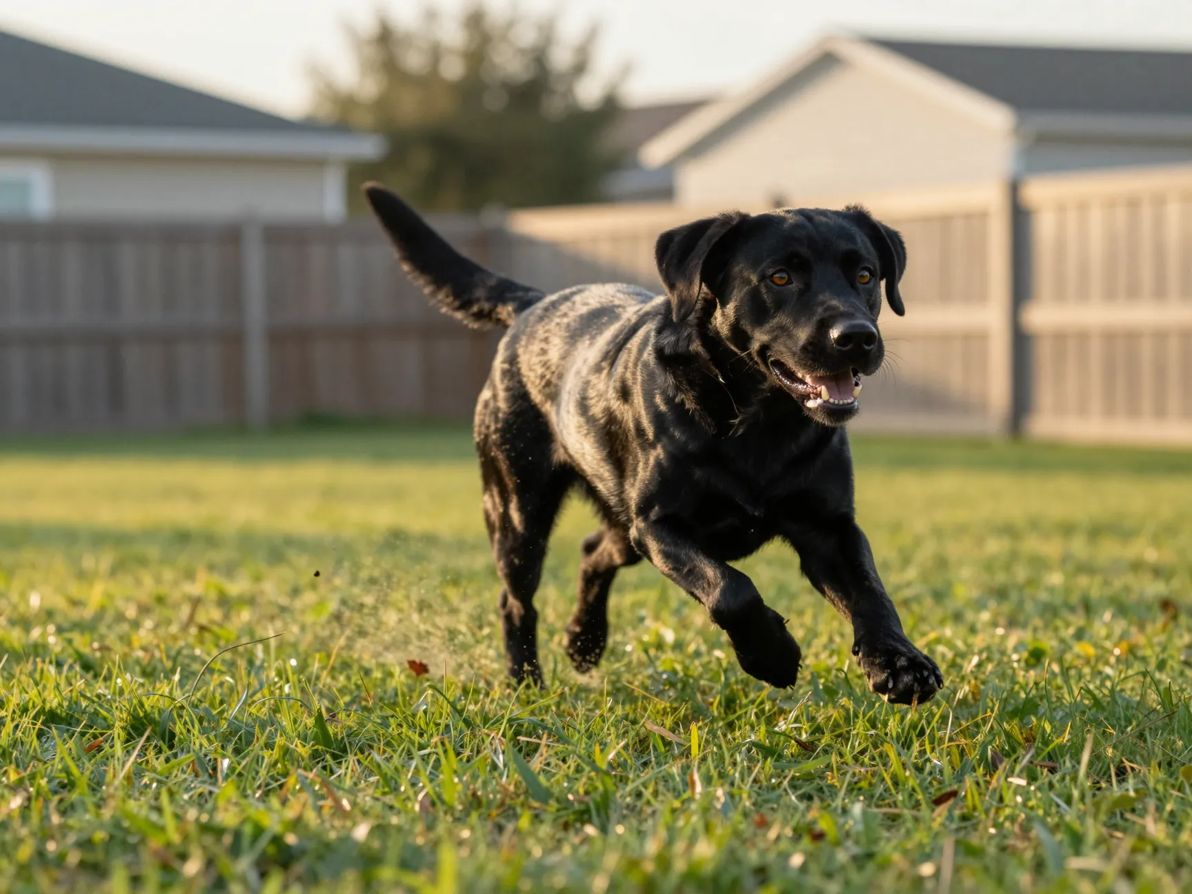 Black lab launching at full speed in fenced yard early morning