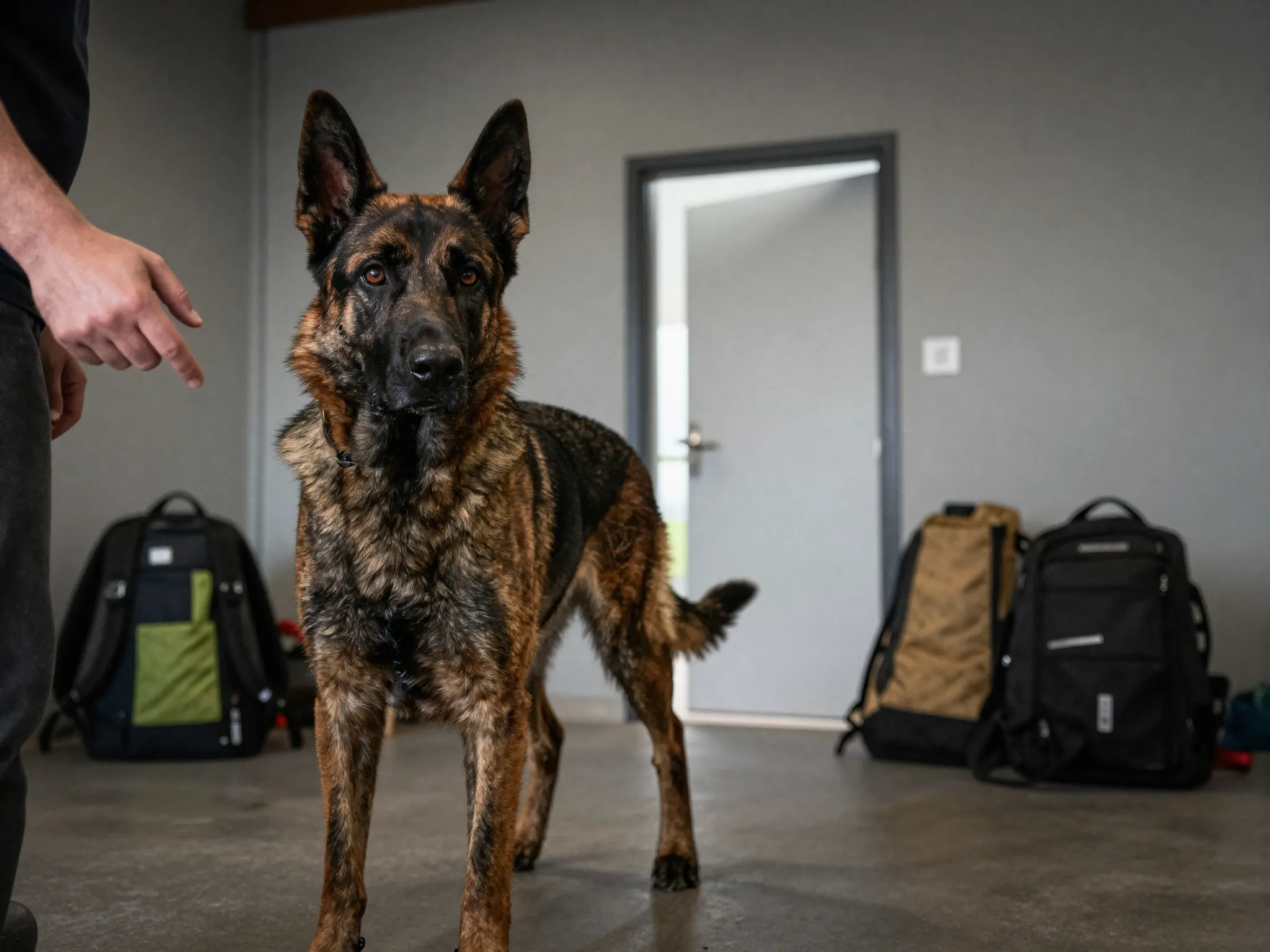 Dutch shepherd analyzing room with handler giving complex command cue