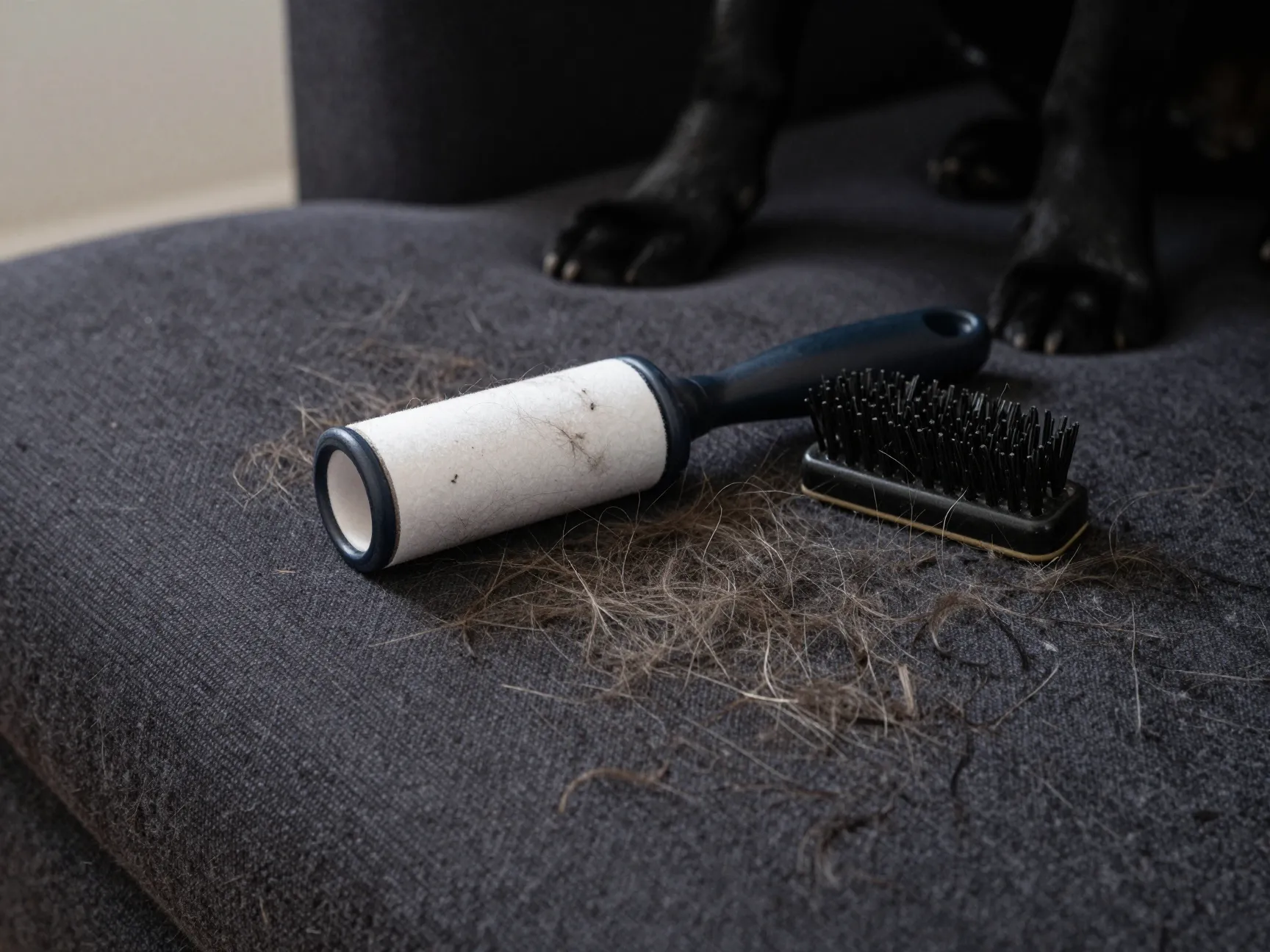 Black lab fur covering dark clothing sofa and lint roller