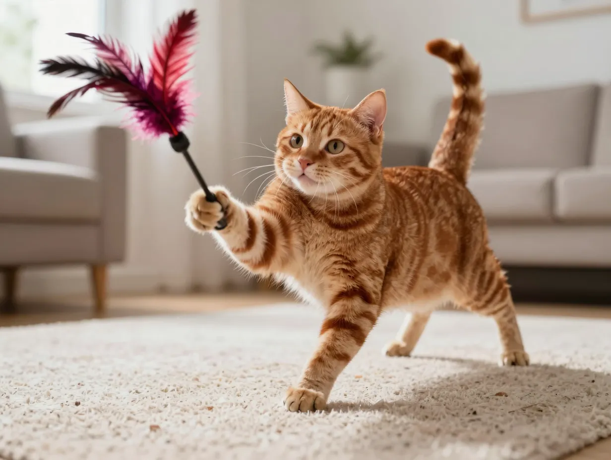Intelligent tabby cat playing with feather wand toy on a carpet