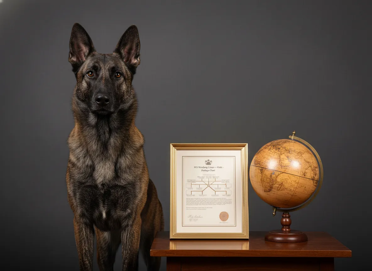 Rare brindle dutch shepherd standing with pedigree chart and globe