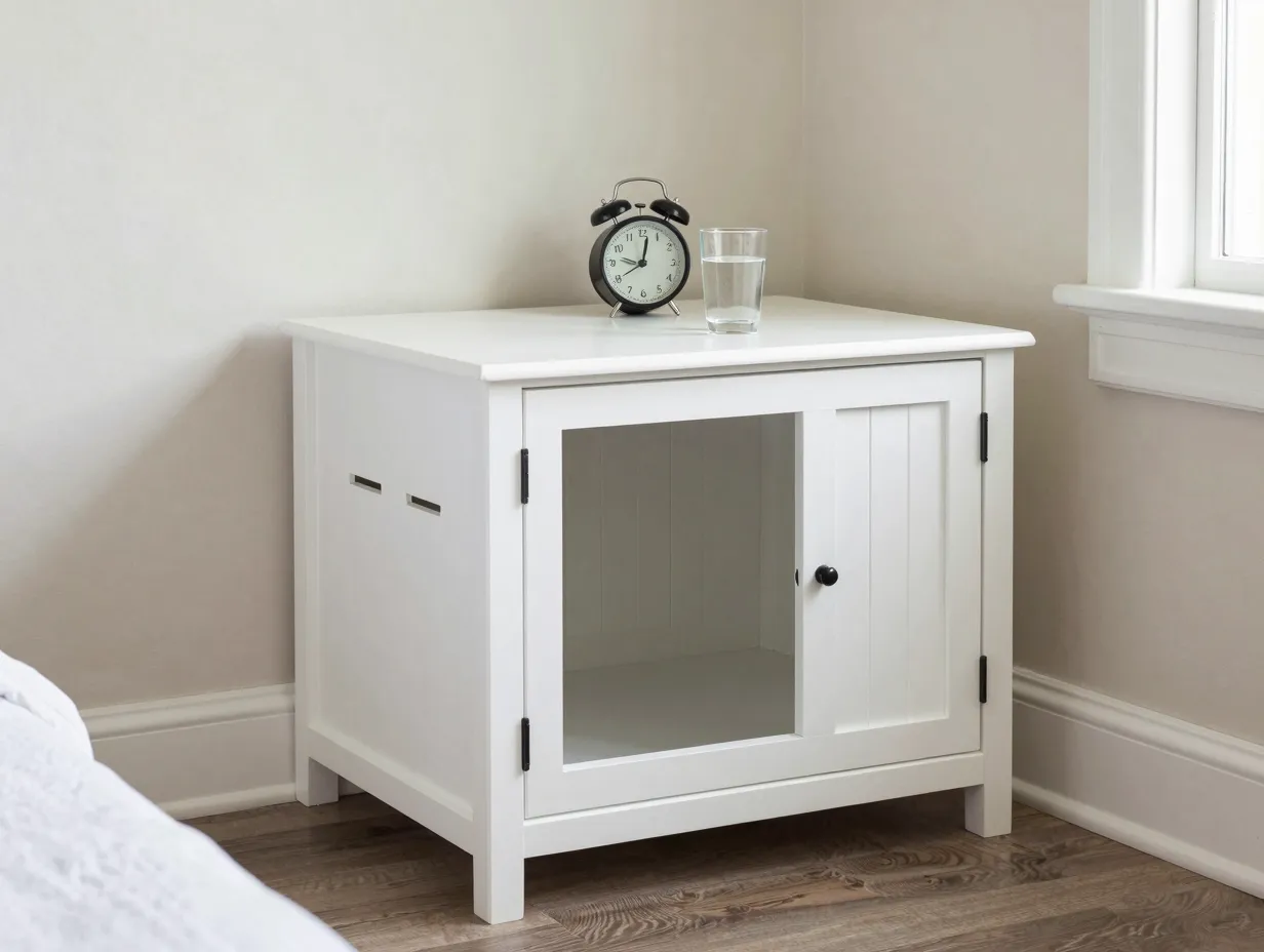 White painted corner dog crate nestled in bedroom alcove