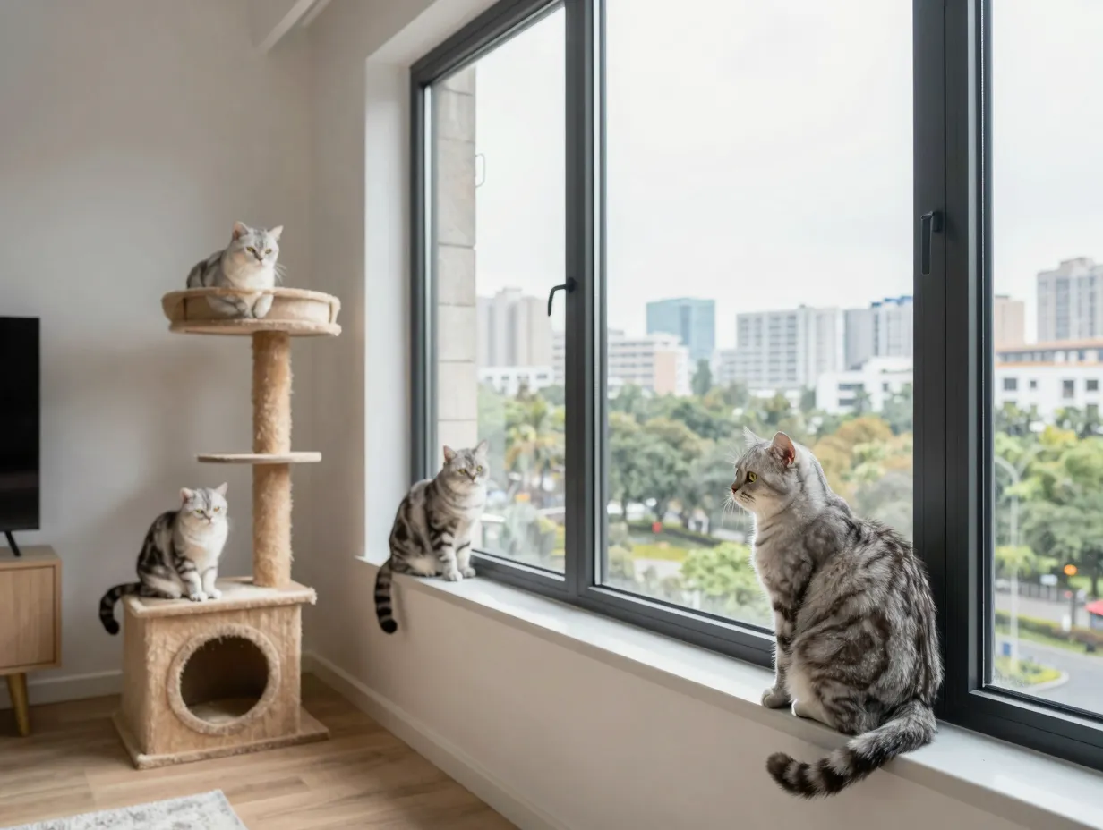 Adaptable tabby cat perched on windowsill in a modern apartment