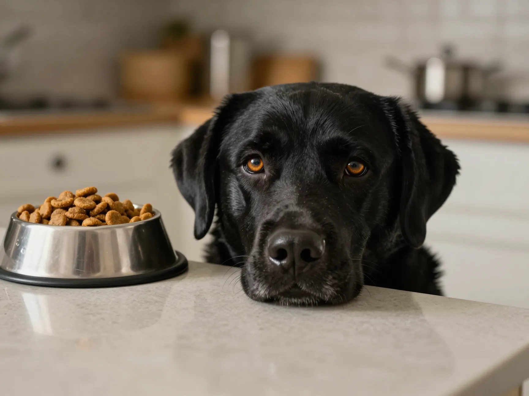 Black labrador staring intently at full food bowl counter