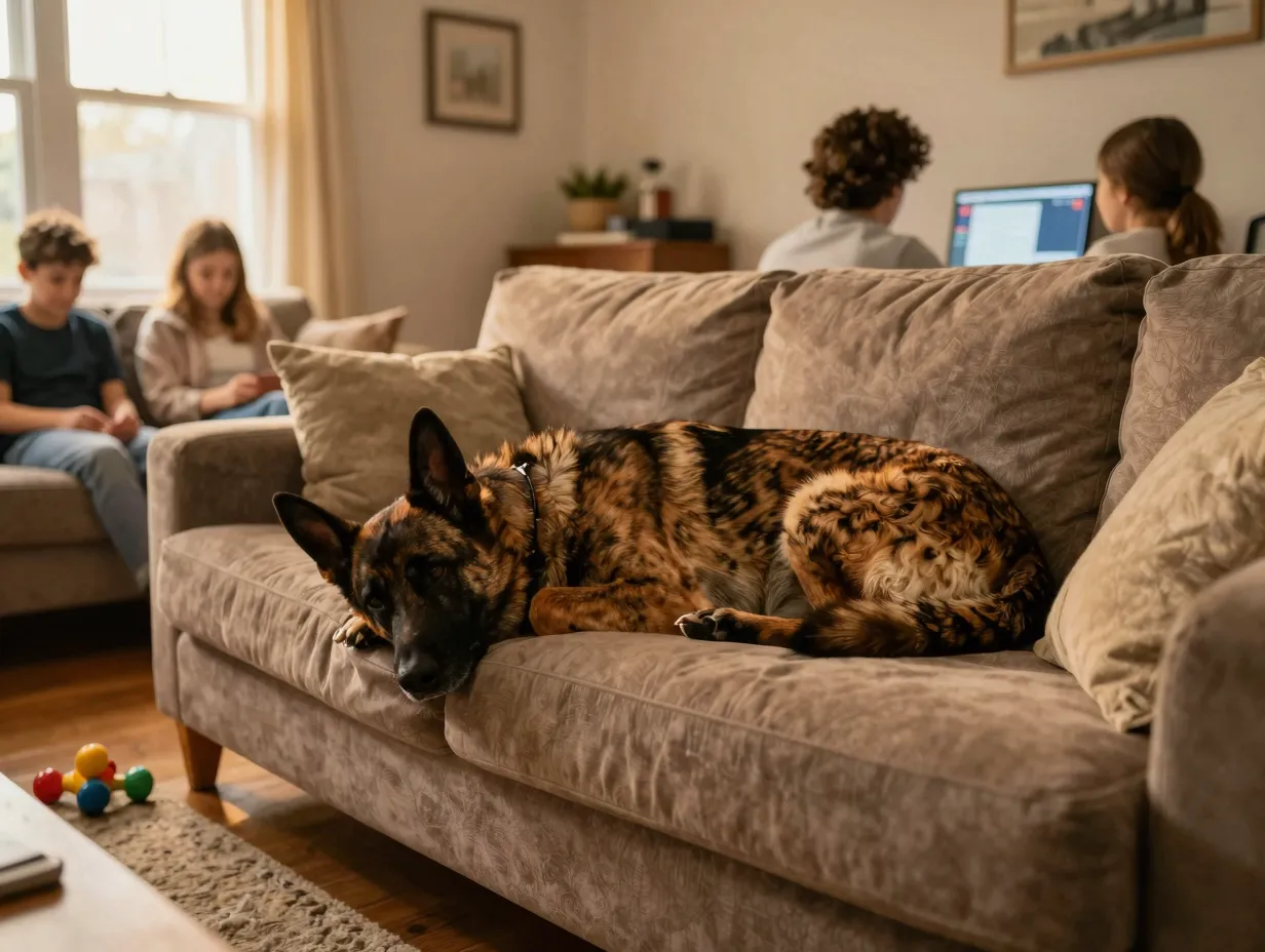 Dutch shepherd relaxing calmly on living room couch after work