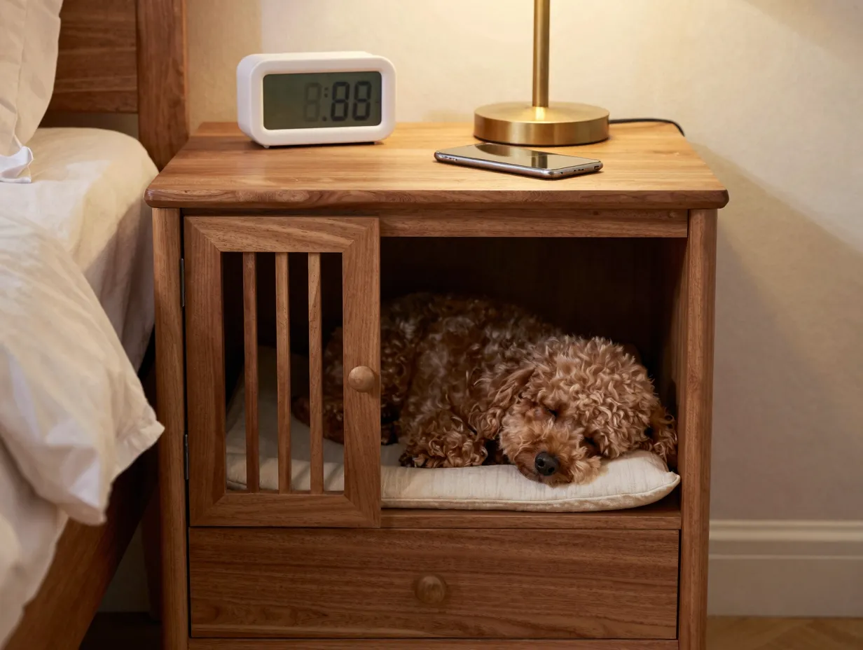 Wooden nightstand dog crate with drawer and alarm clock