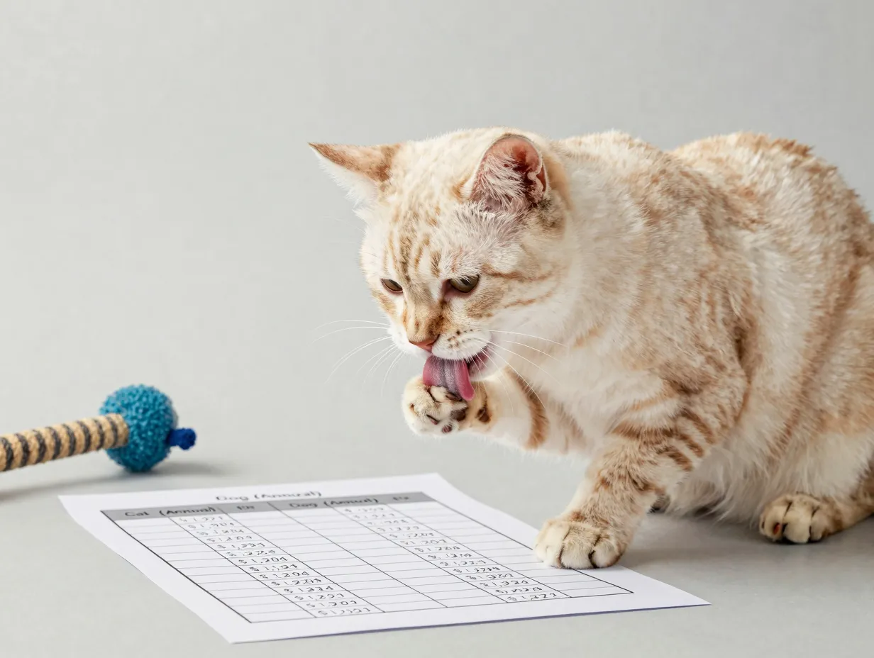 Affordable tabby cat grooming itself next to a pet cost chart