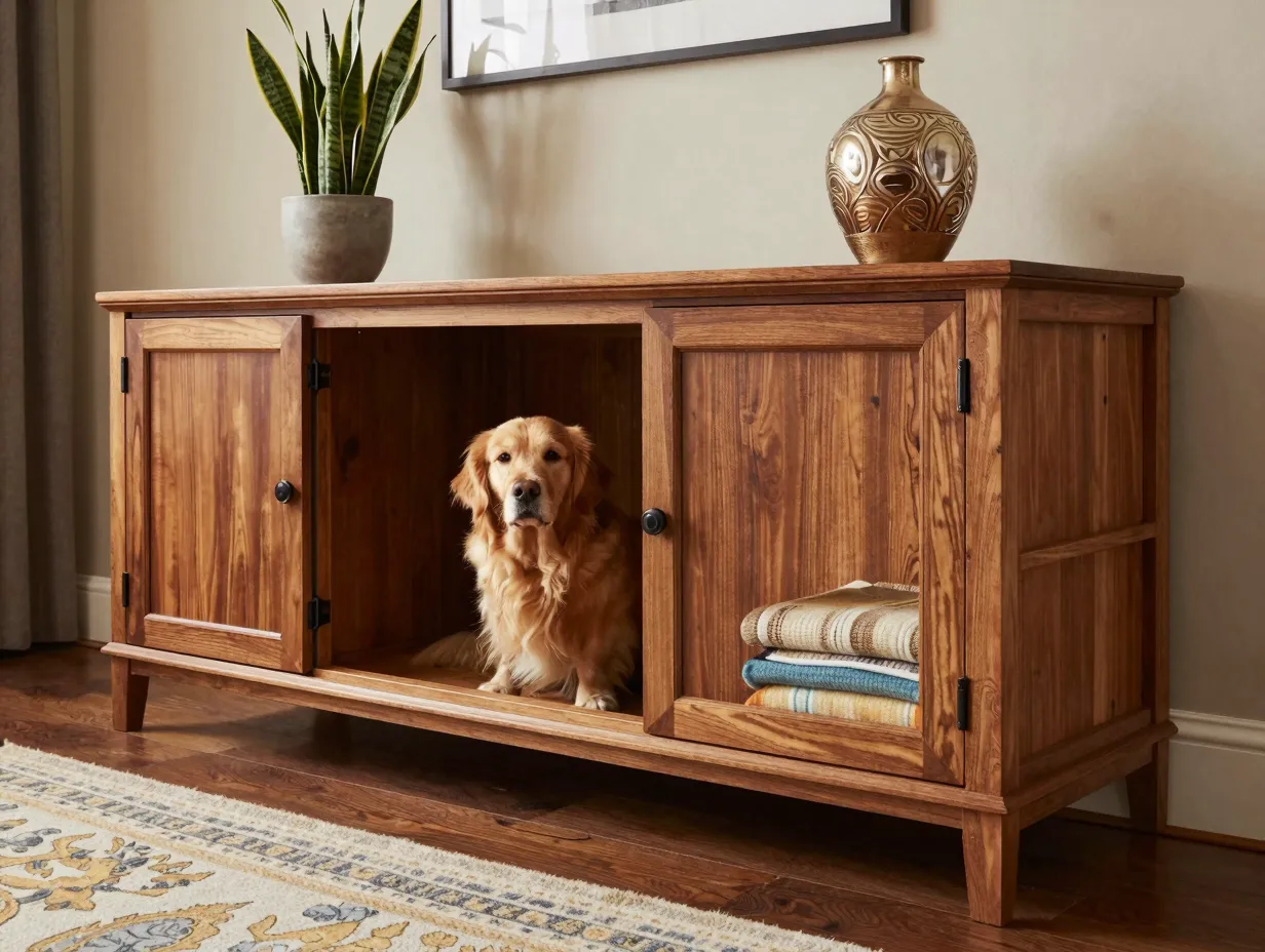 Large wooden credenza dog crate with plants and divider