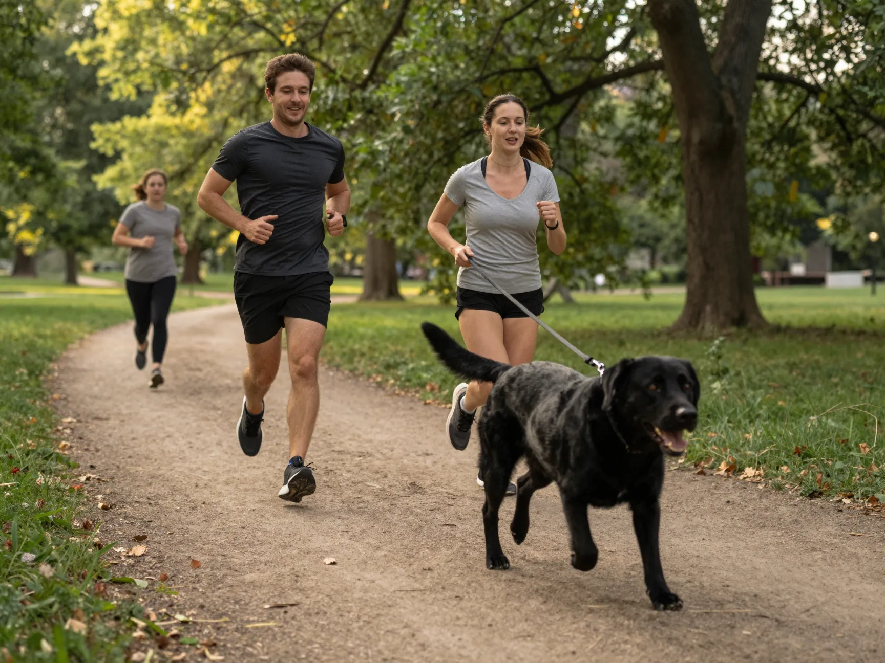 Owner jogging with black lab on leash through park trail