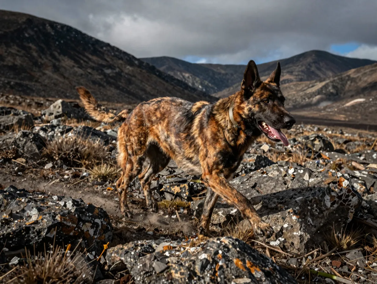Dutch shepherd running with endurance across rugged wilderness terrain