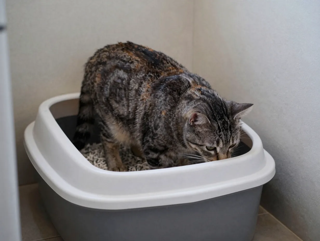 Self sufficient tabby cat using a litter box in a quiet corner