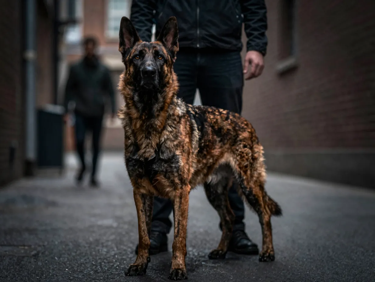 Dutch shepherd standing loyally between handler and a potential threat