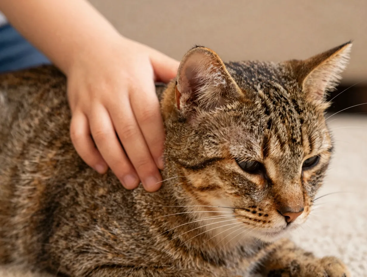 Tolerant tabby cat being gently petted by a young childs hand