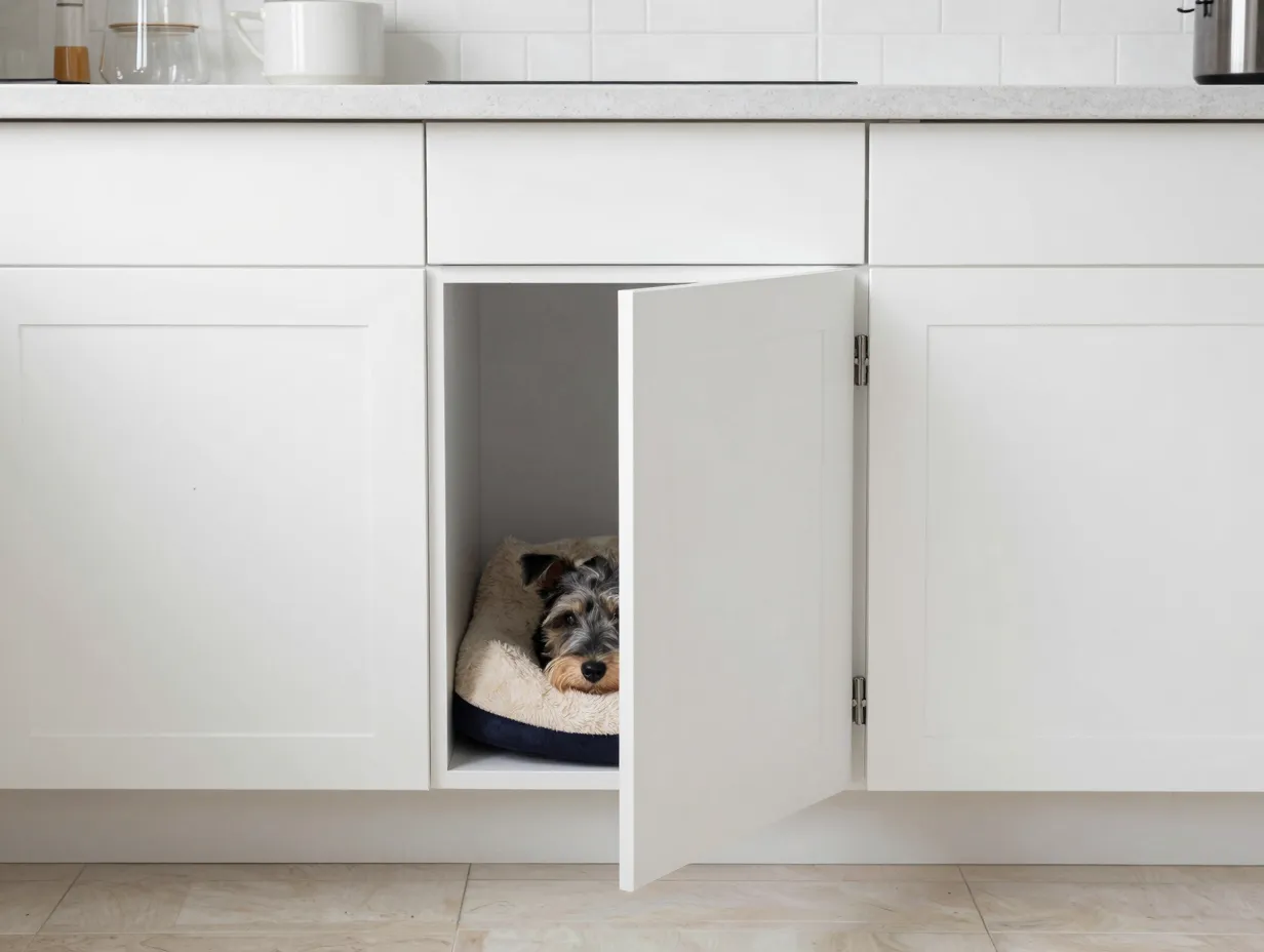 White kitchen cabinet dog crate with small dog bed inside