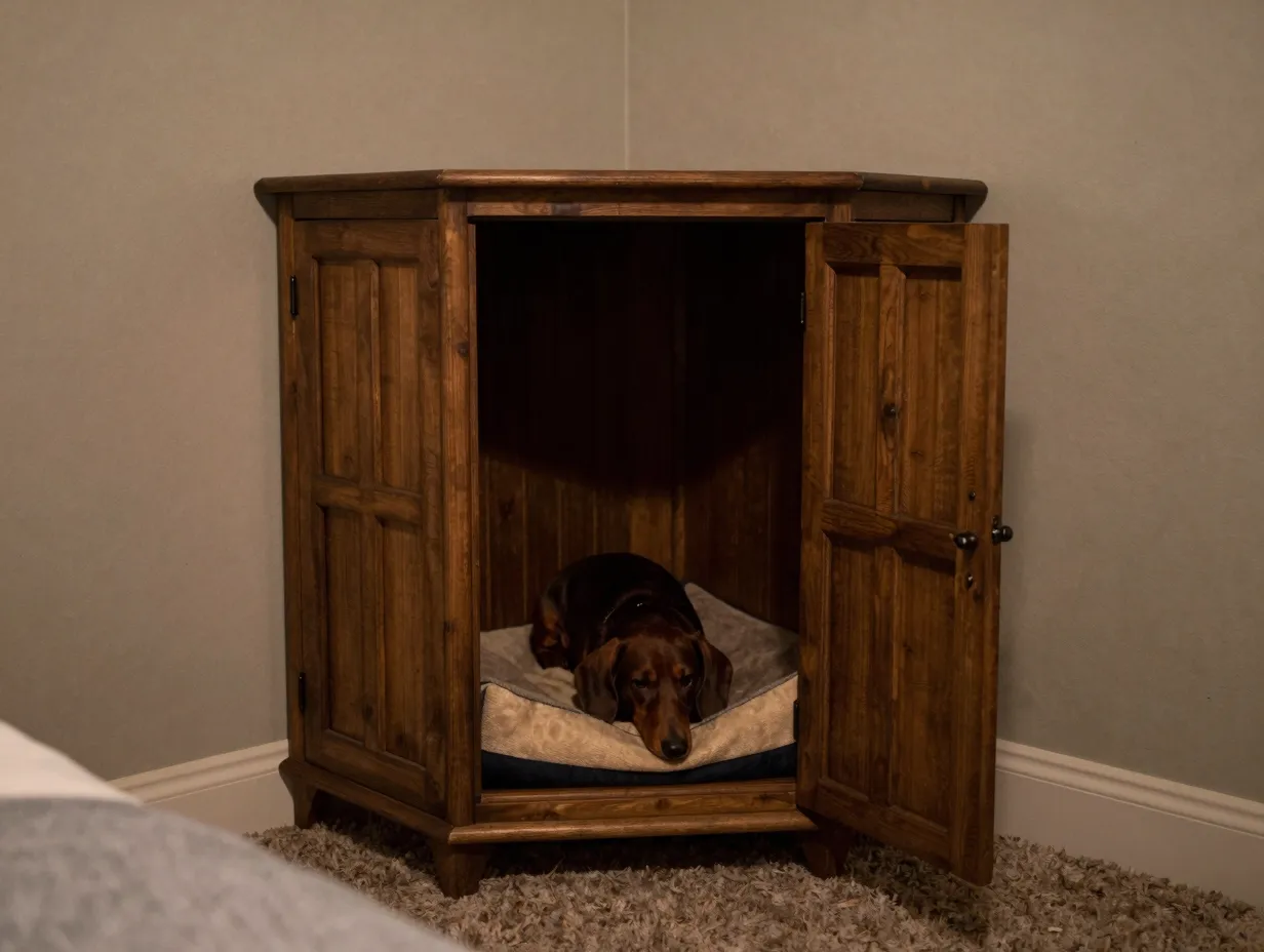 Cottage style corner cabinet dog crate in a bedroom
